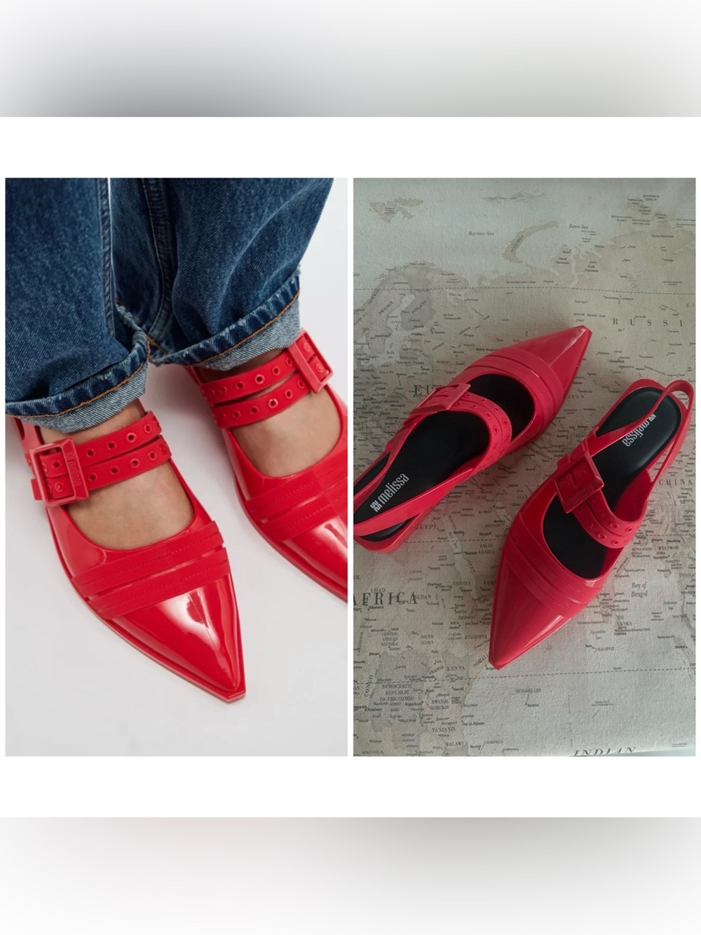 🆕Melissa Ladylike Mary Jane Pointed Toe Flat Slingback Size 37 / 8 Red NWOB